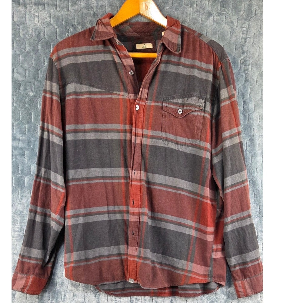 Ascend Mens Red Grey Striped Long Sleeve‎ Cotton Flannel Button Down Shirt Large